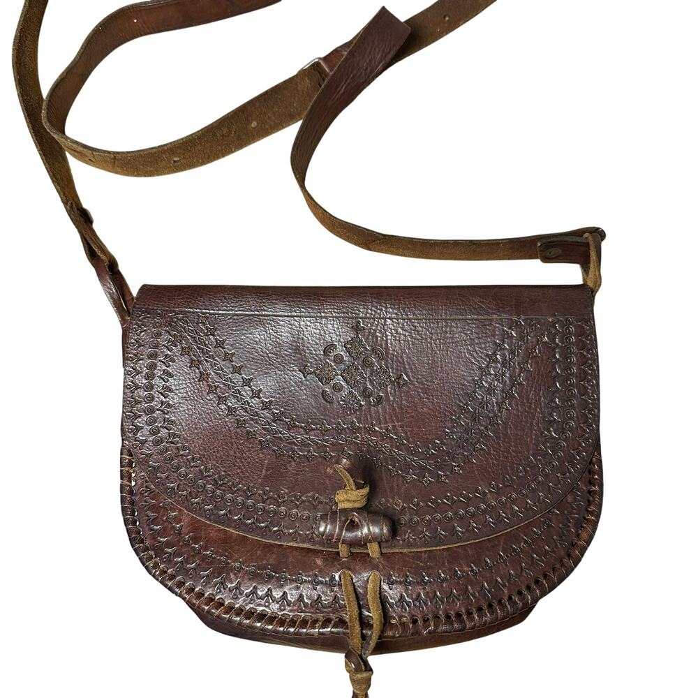 Vintage Hand Tooled Leather Crossbody Bag Boho Western Floral Purse Medium
